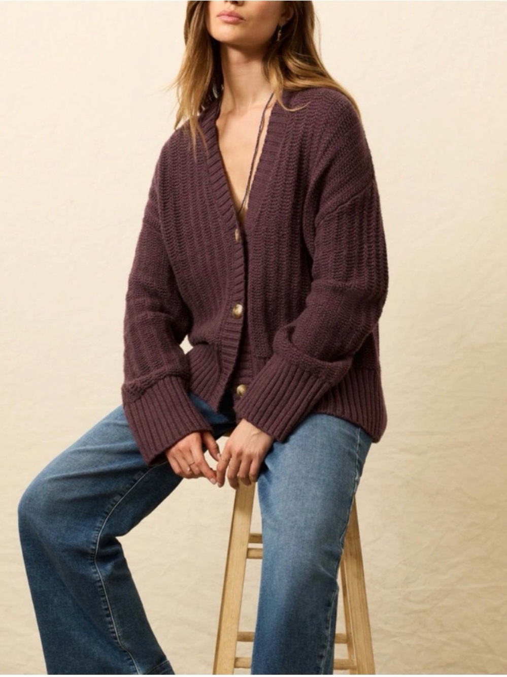 Faherty Plum Ribbed V-Neck Button Cardigan - Picture 3 of 9